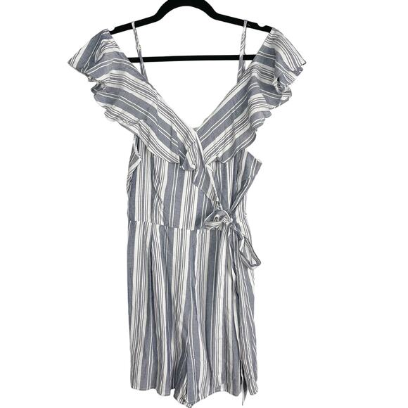 New Entro L Blue White Striped Cold Shoulder Ruffle Romper Tie Waist Playsuit - Picture 1 of 12